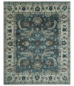 8x10 Hand Knotted Blue and Ivory Traditional Antique Style Wool Area Rug | TRDCP1600810S