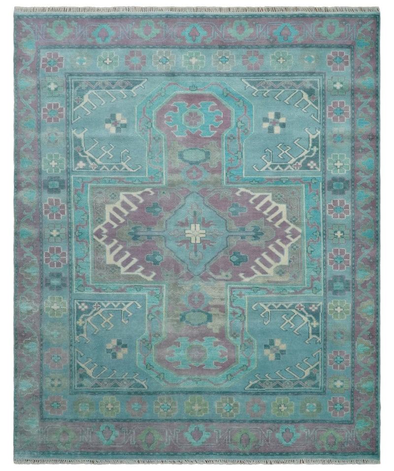 8x10 Hand Knotted Heriz Serapi Aqua, Pink and Ivory Floral Area Rug | TRDCP1369810