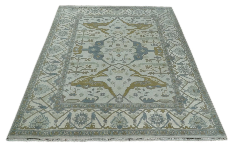 8x10 Hand Knotted Ivory, Brown and Silver Antique Turkish Oushak Large Wool Area Rug | TRDCP1059810