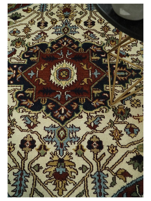 8x10 Hand Knotted Ivory Red and Blue Traditional Heriz Serapi Antique Wool Rug | TRDCP601810