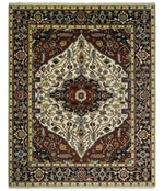 8x10 Hand Knotted Ivory Red and Blue Traditional Heriz Serapi Antique Wool Rug | TRDCP601810