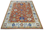 Rust, Ivory and Blue Hand Knotted Oriental Oushak Custom Made wool Area Rug