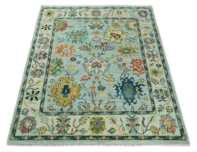 Vibrant Colorful Aqua, Ivory, Gold and Rust Hand Knotted Traditional Oushak Multi Size wool Area Rug