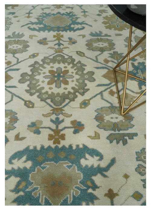 8x10 Ivory, Beige and Teal Hand Knotted Traditional Oushak Wool Area Rug | TRDCP1165810