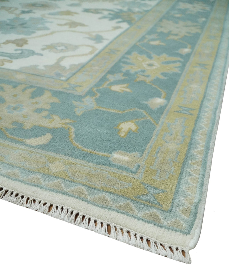 8x10 Ivory, Blue and Beige Floral Oushak Hand Knotted Wool Area Rug | TRDCP1538810S