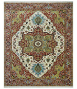 8x10 Olive, Rust and Ivory Heriz Serapi Traditional Vintage Antique Hand Knotted Wool Area Rug | TRDCP1363810