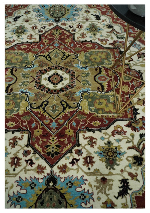 8x10 Olive, Rust and Ivory Heriz Serapi Traditional Vintage Antique Hand Knotted Wool Area Rug | TRDCP1363810
