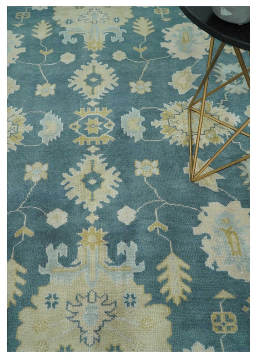 8x10 Teal and Beige Hand Knotted Heriz Serapi Floral Area Rug | TRDCP1185810