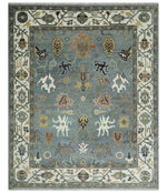 8x10 Wool Traditional Ivory and Gray Vibrant Colorful Hand knotted Oushak Area Rug | TRDCP1304810