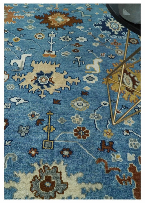 8x10 Wool Traditional Persian Blue and Ivory Colorful Hand knotted Oushak Area Rug | TRDCP1064810