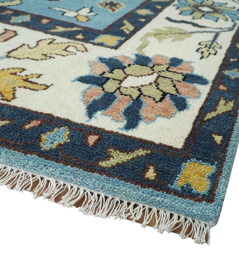 9x12 Antique Hand Knotted Blue and Ivory Traditional Vintage Persian Oushak Wool Rug | TRDCP954912