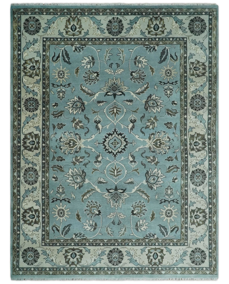 8x10 and 9x12 Antique Hand Knotted Blue and Ivory Traditional Vintage Persian Oushak Wool Rug | TRDCP998912