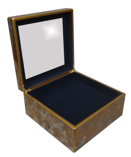 Handmade Reverse Painted Mirror Square Box in Antique Gold and Silver - Medium