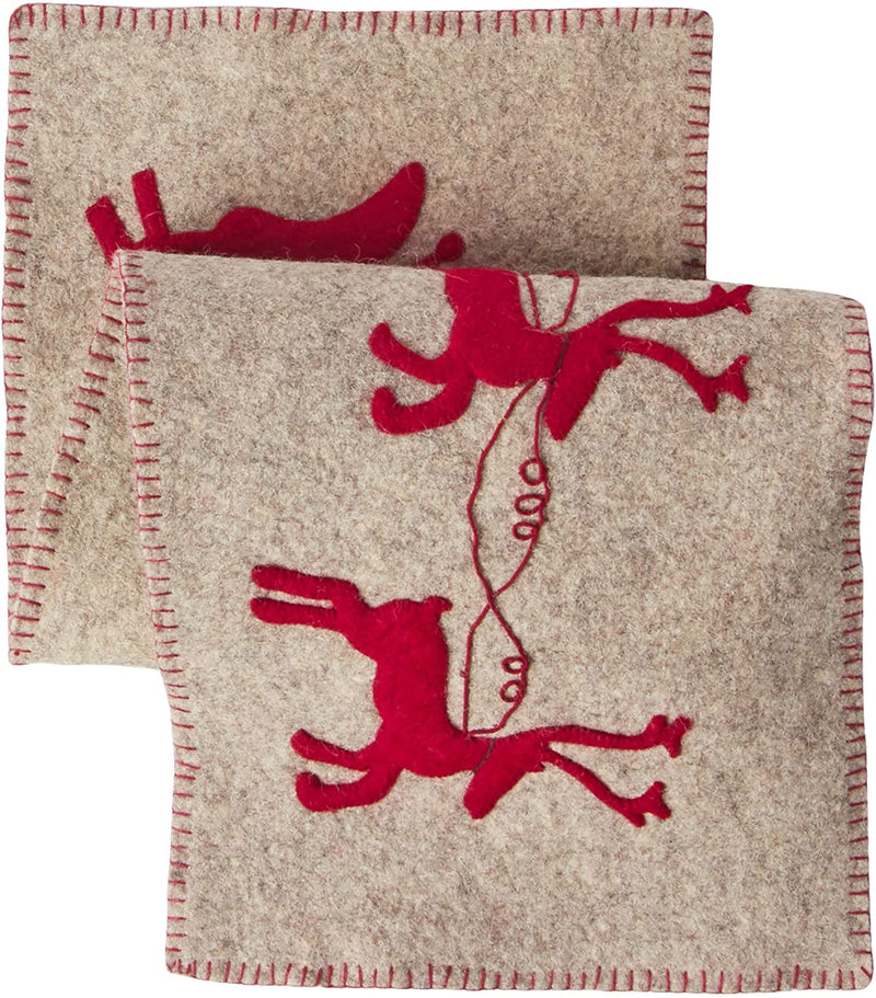 Handmade Gray Hand Felted Wool Christmas Table Runner - Reindeer and Sleigh - 16"x44"
