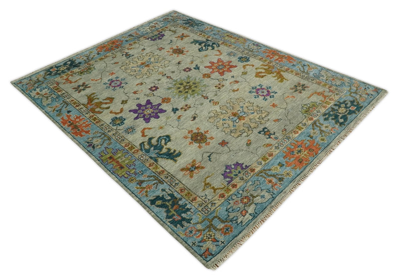 Vintage Style Vibrant Colorful Beige, Blue and Rust Hand Knotted Traditional Oushak Multi Size wool Area Rug
