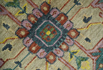 Custom Made Antique look Hand Knotted Camel, Teal and Charcoal Traditional Heriz Serapi Wool Rug