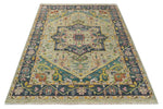 Custom Made Antique look Hand Knotted Camel, Teal and Charcoal Traditional Heriz Serapi Wool Rug