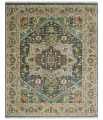 Hand Knotted Charcoal, Camel and Teal Traditional Heriz Serapi Multi size Wool Area Rug