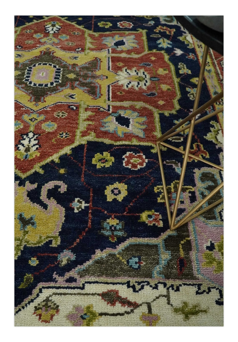 Blue and Rust Hand Knotted Traditional Vintage Style Heriz Serapi Multi Size Wool Area Rug
