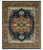 Blue and Rust Hand Knotted Traditional Vintage Style Heriz Serapi Multi Size Wool Area Rug
