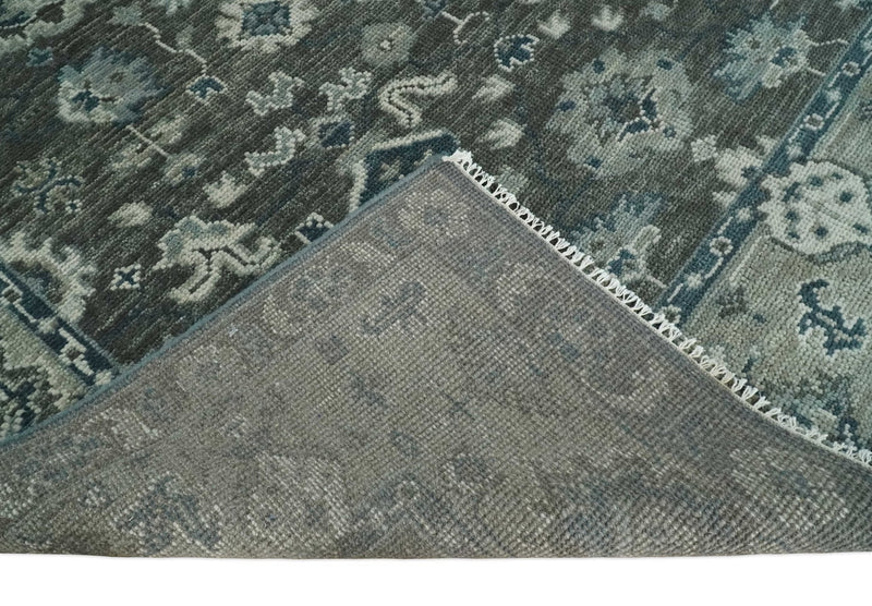 Antique Charcoal Hand Knotted Oushak Silver and Blue Traditional Wool Rug