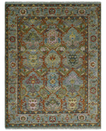 Antique Moss All Wool Traditional Persian Silver, Rust and Blue Hand knotted Oushak Area Rug | TRDCP718