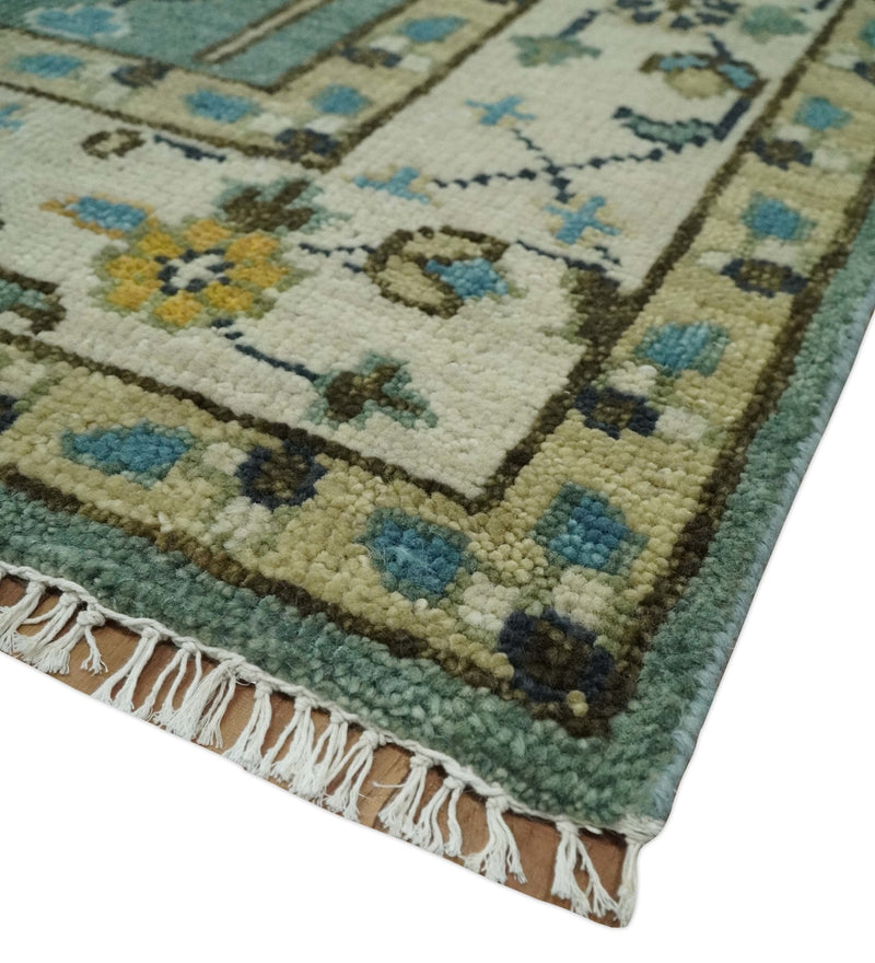 Hand Knotted Aqua Green and Ivory Traditional Turkish Vintage Style Multi Size Wool Area Rug