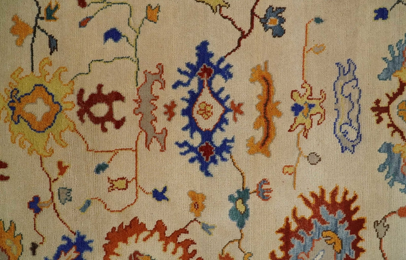 Vibrant Colorful Beige, Blue and Brown Traditional Oushak Hand Knotted Custom made Wool Area Rug