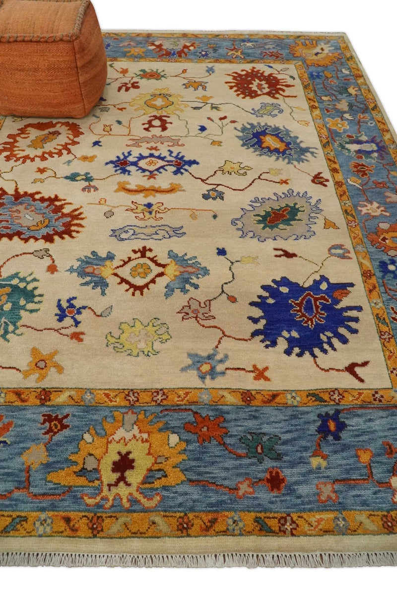 Vibrant Colorful Beige, Blue and Brown Traditional Oushak Hand Knotted Custom made Wool Area Rug