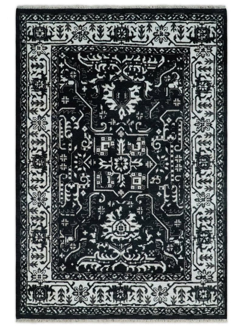 Black and White 6x9, 8x10 and 9x12 Hand Knotted Traditional Persian Oushak Wool and Viscose Rug, Accent Rug | TRDCP840