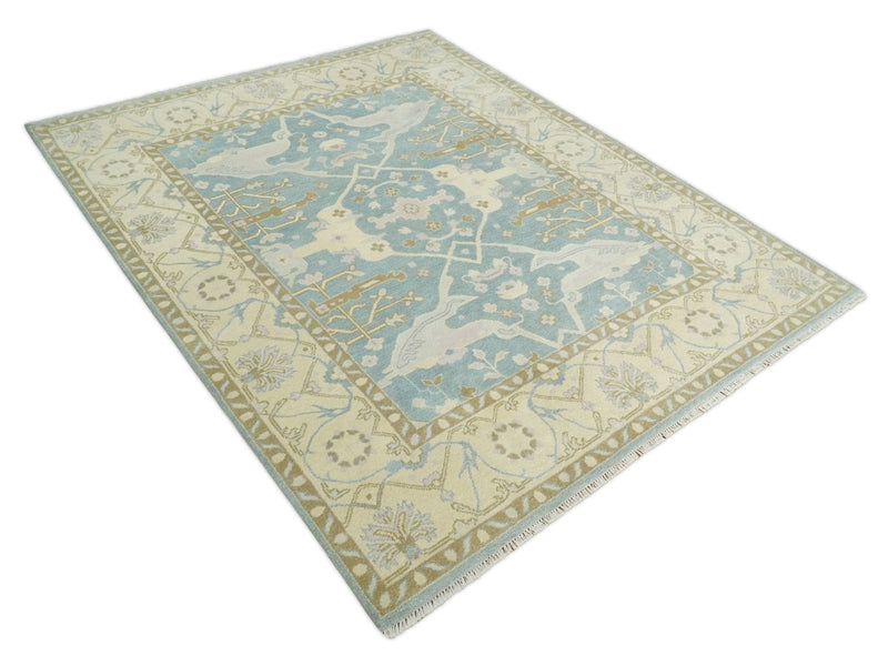 Blue and Beige Hand Knotted 8x10 Oriental Oushak Wool Area Rug | TRDCP1173810