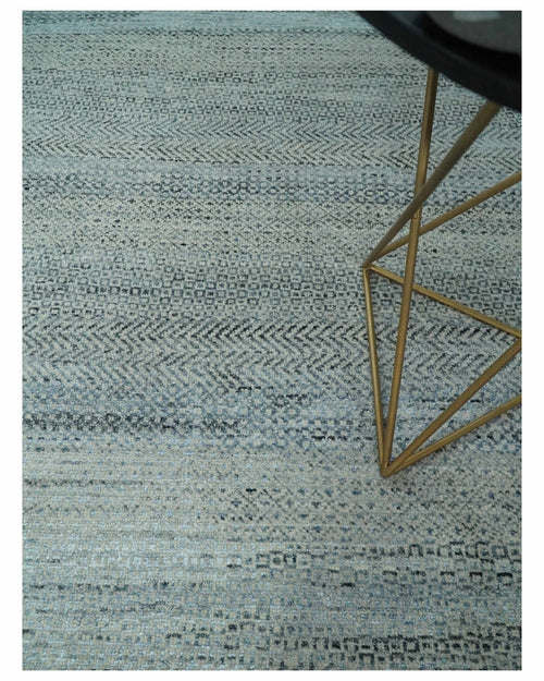 Blue, Ivory and Silver 8x10 Hand Knotted Modern Geometric Trellis Scandinavian Wool Area Rug | TRDCP934810