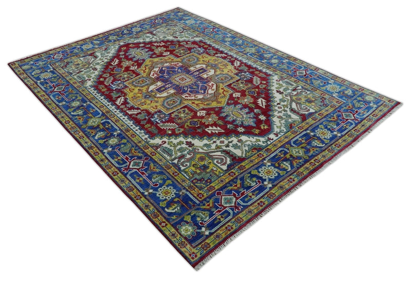 Blue, Red and Gold Hand Knotted Traditional Heriz Serapi Multi size Wool Area Rug