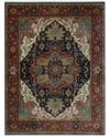 Brown, Ivory and Black Hand Knotted Antique 9x12  Traditional Heriz Serapi Wool Rug | TRDCP1343912