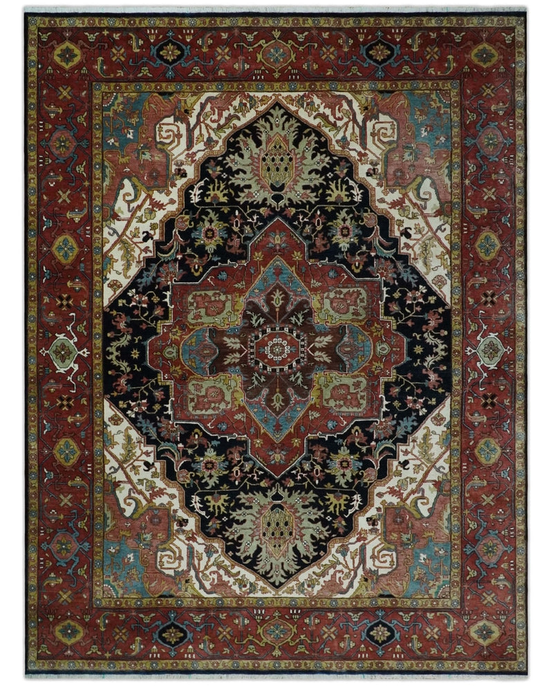 Brown, Ivory and Black Hand Knotted Antique 9x12  Traditional Heriz Serapi Wool Rug | TRDCP1343912