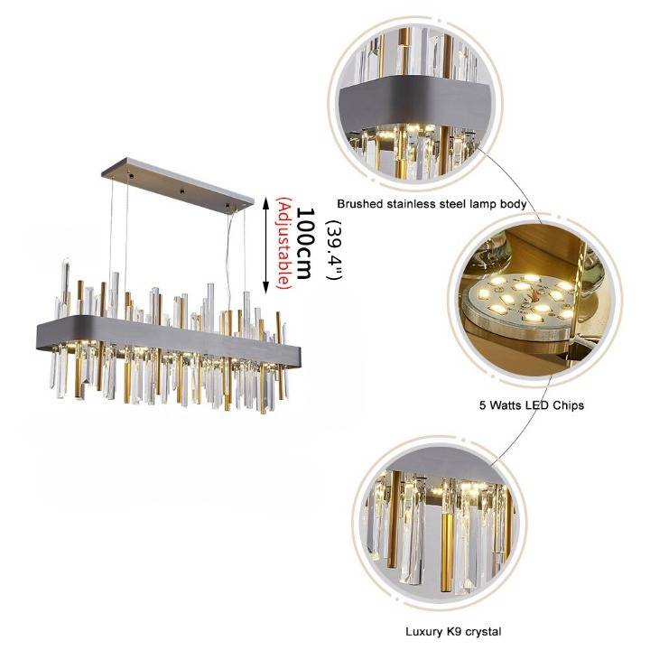 MIRODEMI® Gold/black rectangle crystal chandelier for dining room, kitchen island