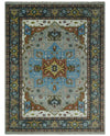 Traditional Heriz Blue, silver, Charcoal and Ivory Hand Knotted Multi size wool Area Rug