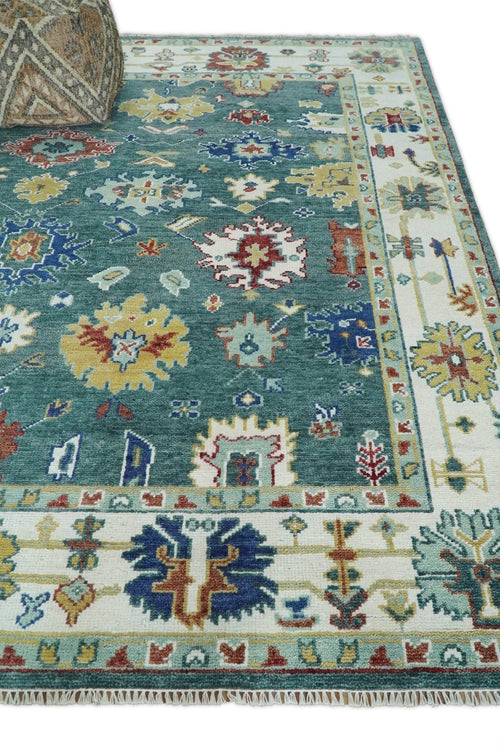 8x10 All Wool Traditional Persian Blue Teal and Ivory Vibrant Colorful Hand knotted Oushak Area Rug