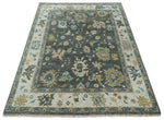 Custom Made Hand Knotted Charcoal and Ivory Traditional Oushak Wool Rug