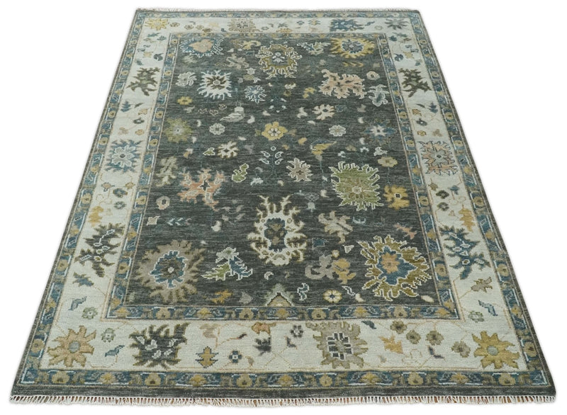 Custom Made Hand Knotted Charcoal and Ivory Traditional Oushak Wool Rug