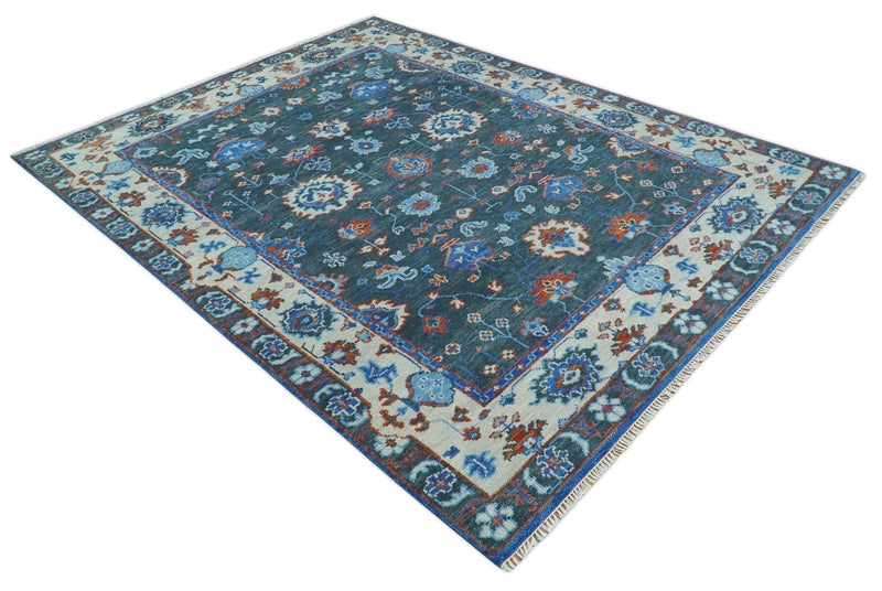 Hand Knotted Charcoal, Blue and Ivory Traditional Oriental Oushak Multi Size Wool Area Rug