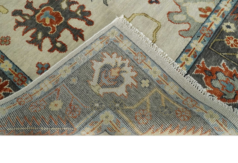 Hand Knotted Ivory, Charcoal and Blue Traditional Oriental Oushak Multi size Wool Area Rug