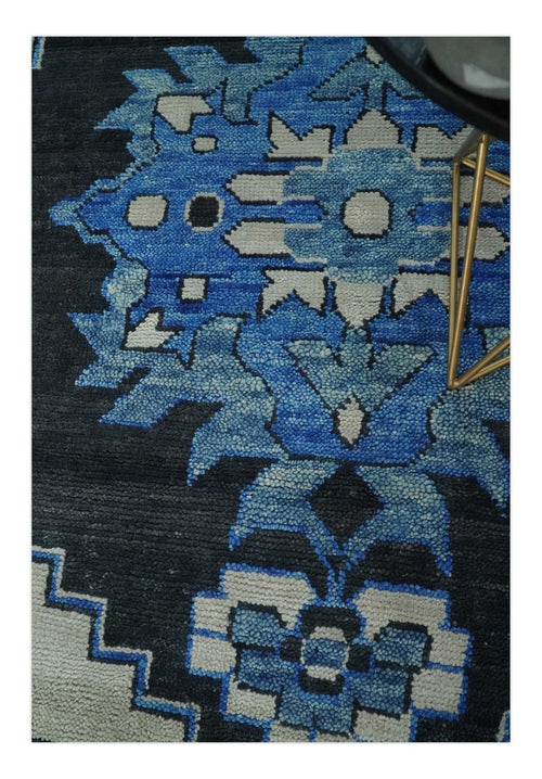 Blue, Black and Ivory Hand Knotted Antique Traditional Heriz Serapi Multi Size Wool Area Rug