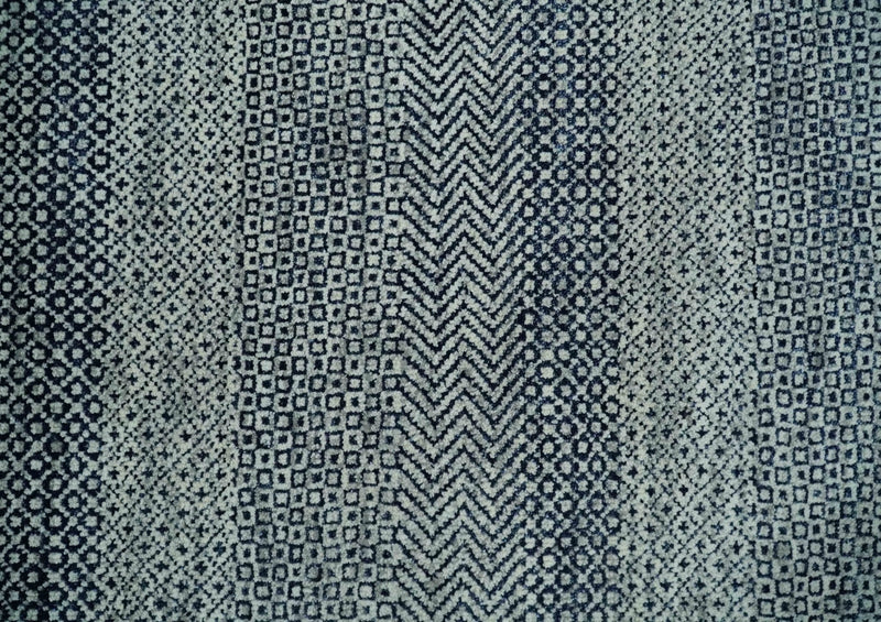 8x10 Hand Knotted Modern Geometric Trellis Scandinavian Blue, Ivory and Silver Wool Area Rug | TRDCP938810