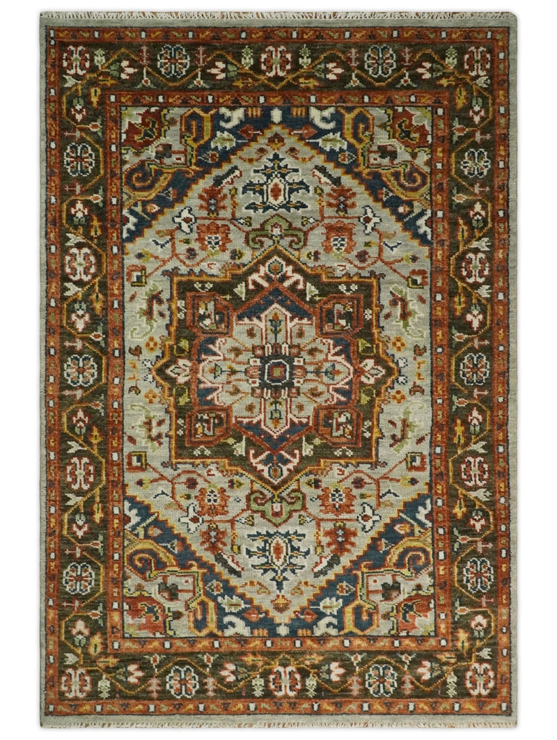 Blue and Brown Traditional Antique look Heriz Serapi Hand Knotted Custom Made wool Area Rug