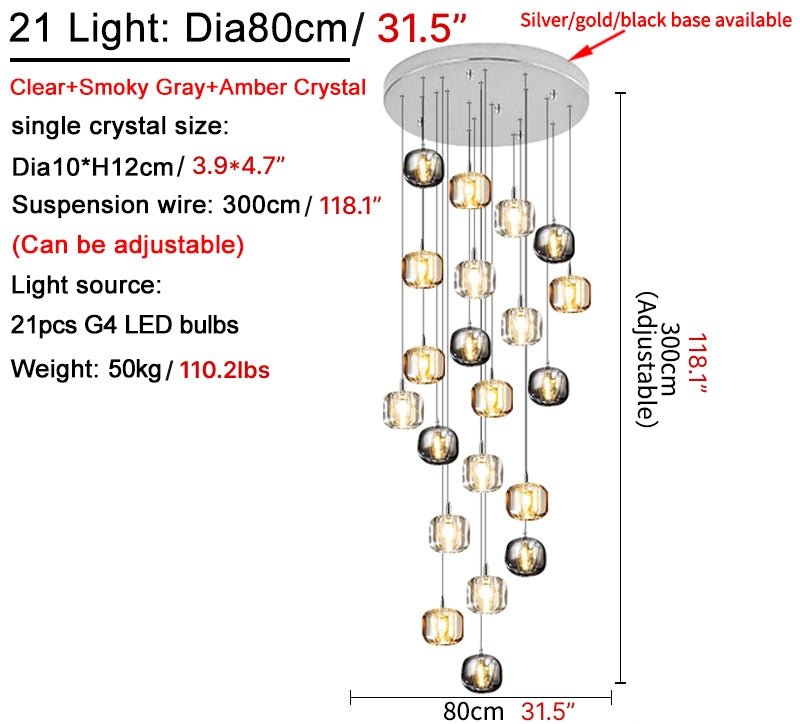 MIRODEMI® Amber/Smoke Gray/Clear Crystal Staircase Hanging Lamp For Stairwell