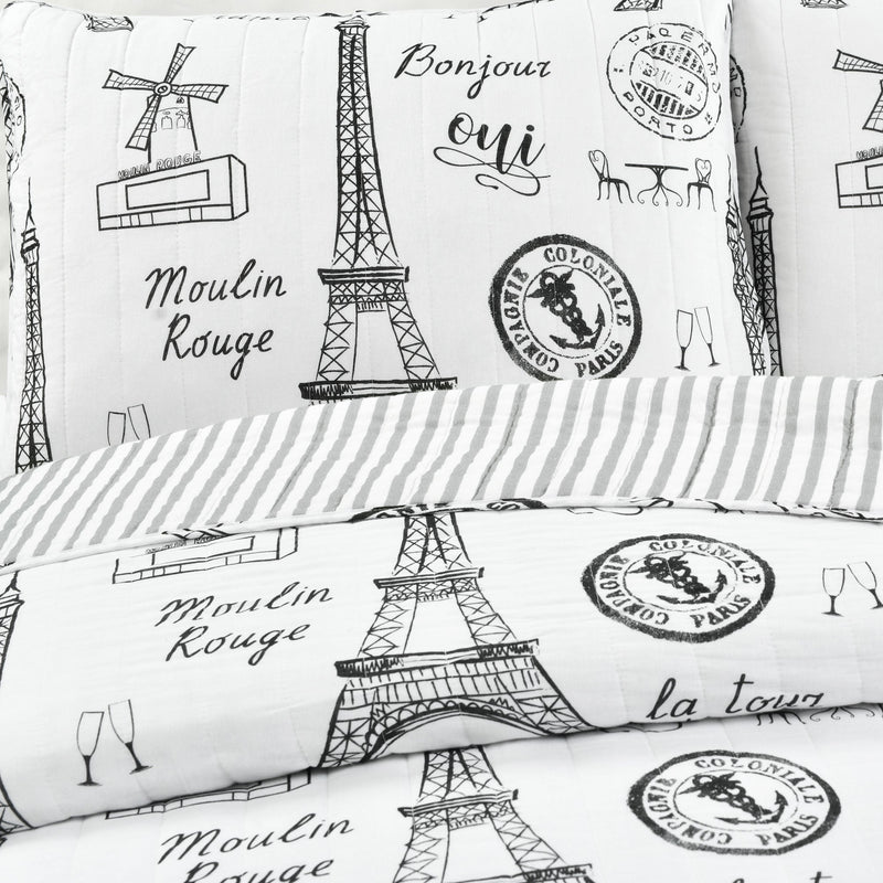 Paris Bonjour Reversible Cotton 3 Piece Quilt Set