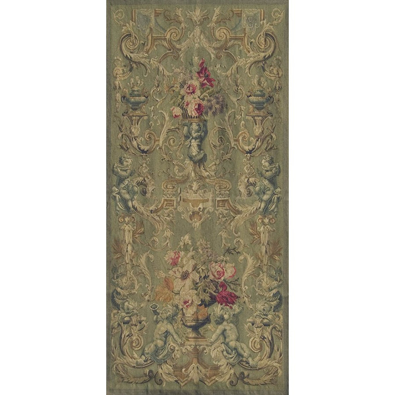 35" x 75" Hand woven aubusson tapestry with backing and rod pocket.