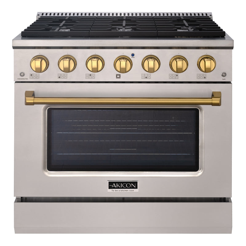 Akicon 36" Slide-in Freestanding Professional Style Gas Range with 5.2 Cu. Ft. Oven, 6 Burners, Convection Fan, Cast Iron Grates. Stainless Steel & Copper