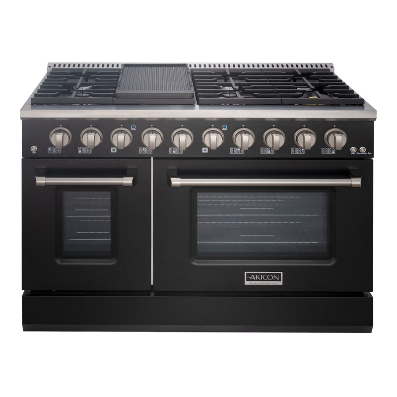 Akicon 48" Slide-in Freestanding Professional Style Gas Range with 6.7 Cu. Ft. Oven, 8 Burners, Convection Fan, Cast Iron Grates. Black & Gold